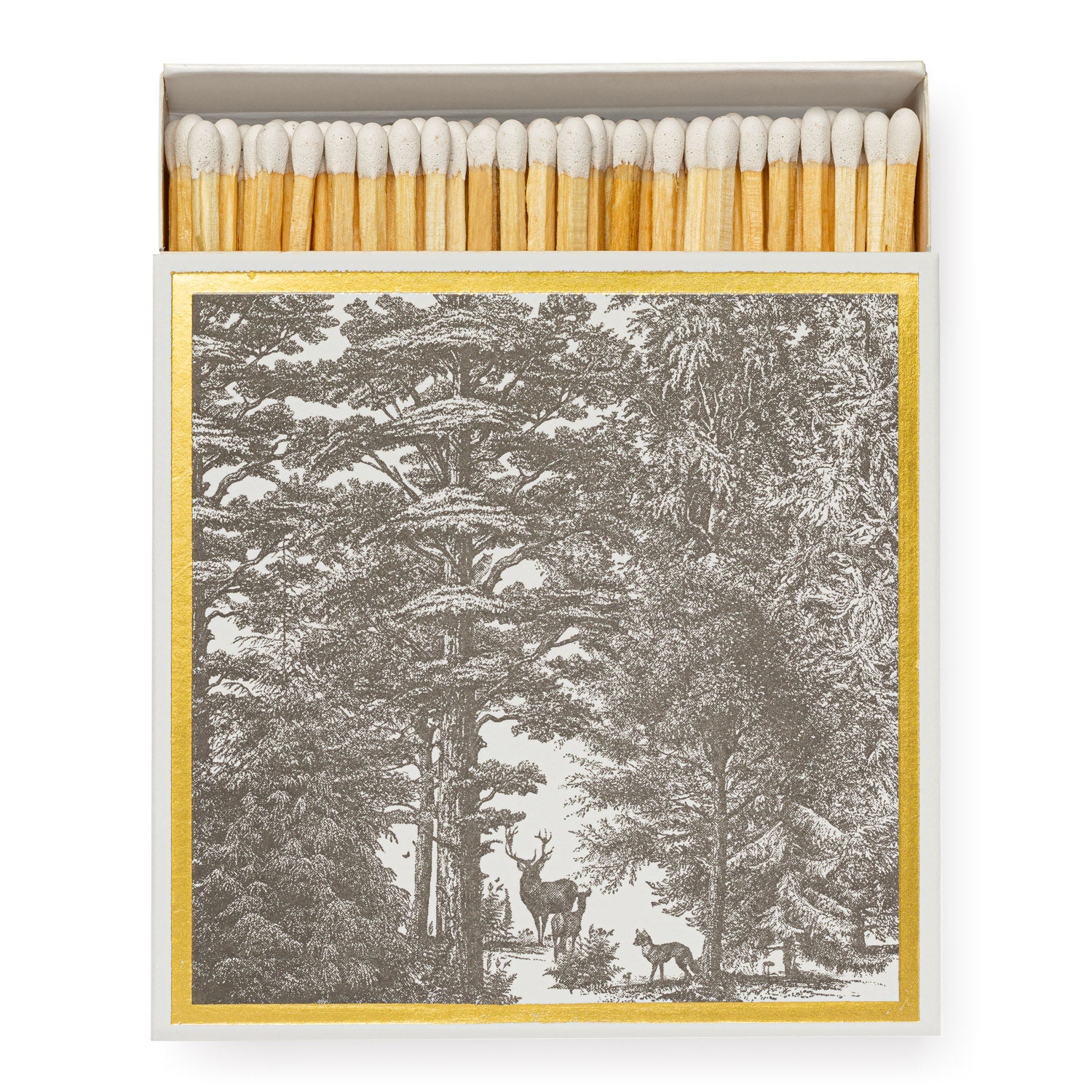 White tipped wooden safety matches popping out of the enchanted forest match box