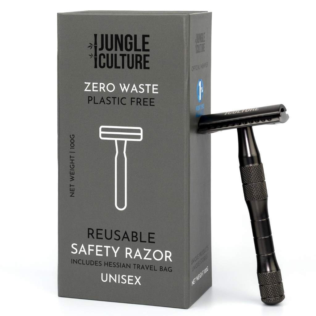 Metallic black reusable safety razor with ergonomic handle with gift box