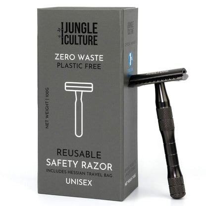 Metallic black reusable safety razor with ergonomic handle with gift box
