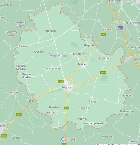 Map showing where our eco friendly online shop delivers near SG8 Royston