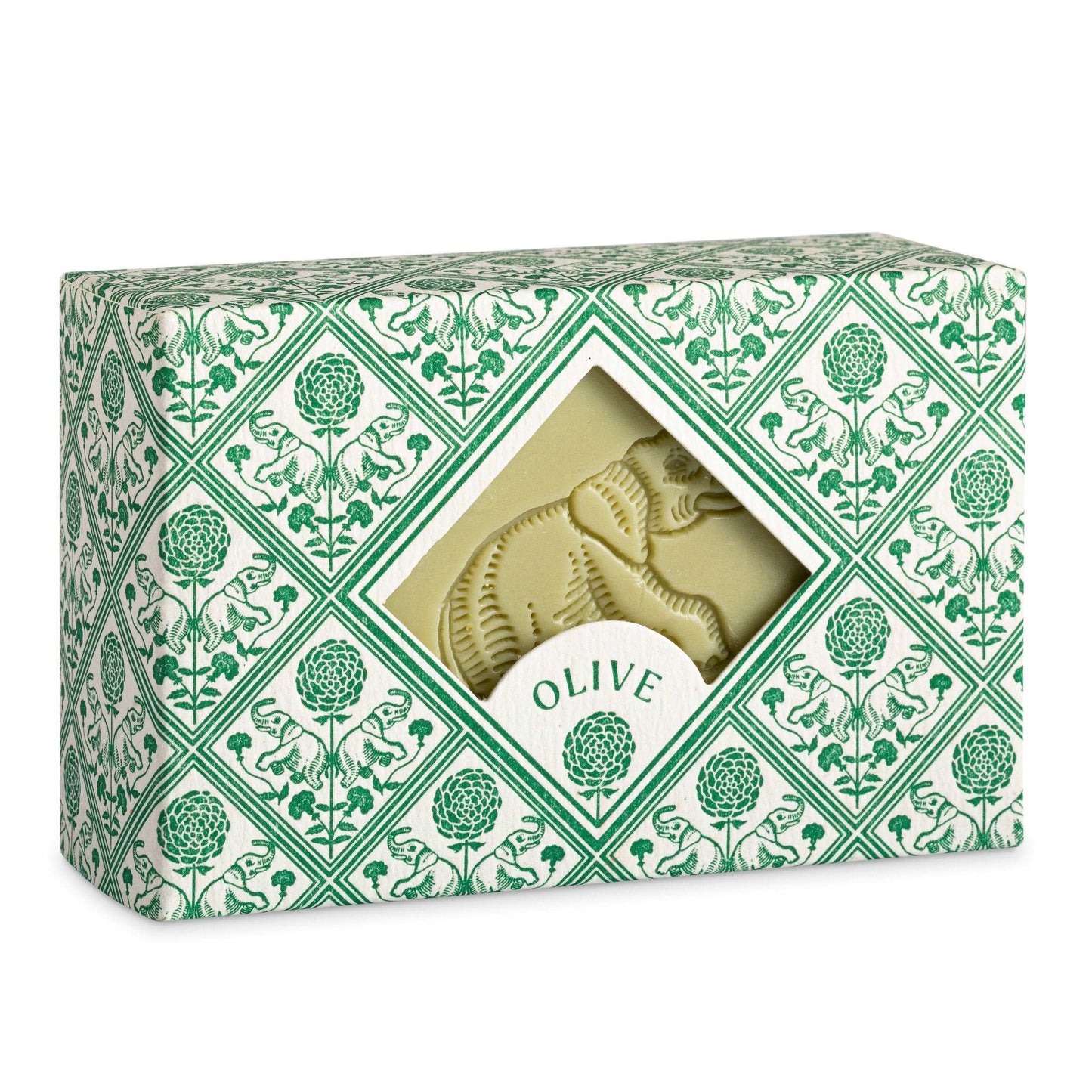 Luxury Olive Hand & Body Soap - L'éléphant sat on a table in it's wrapper.