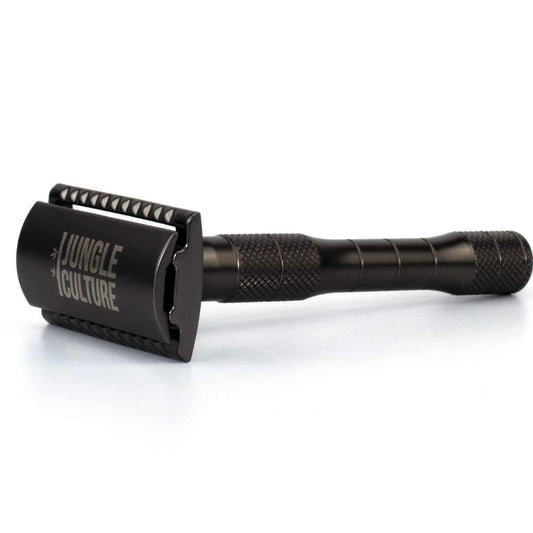 Metallic black reusable safety razor with ergonomic handle